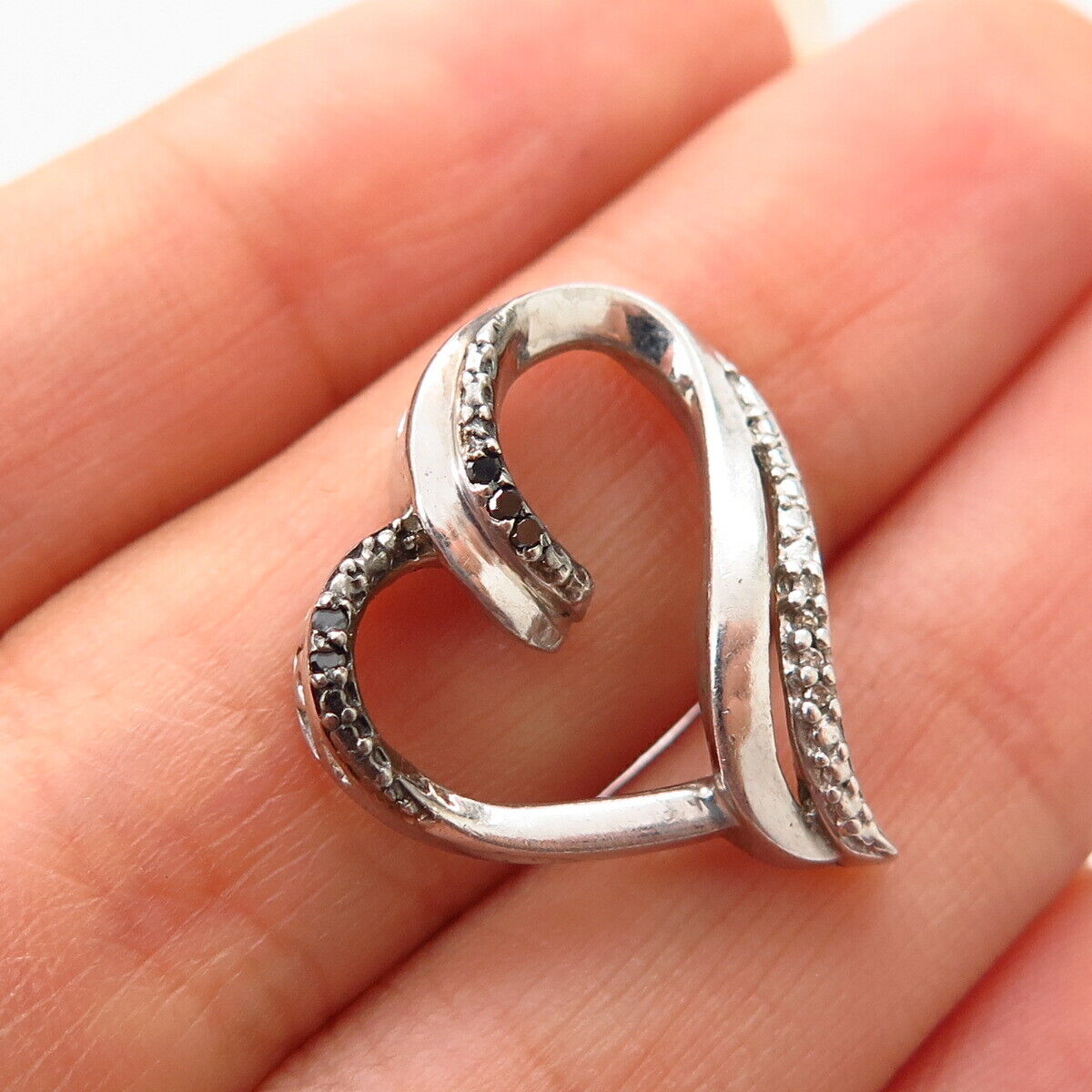 925 Sterling Silver Real White & Black Diamond Open Heart Slide Pendant