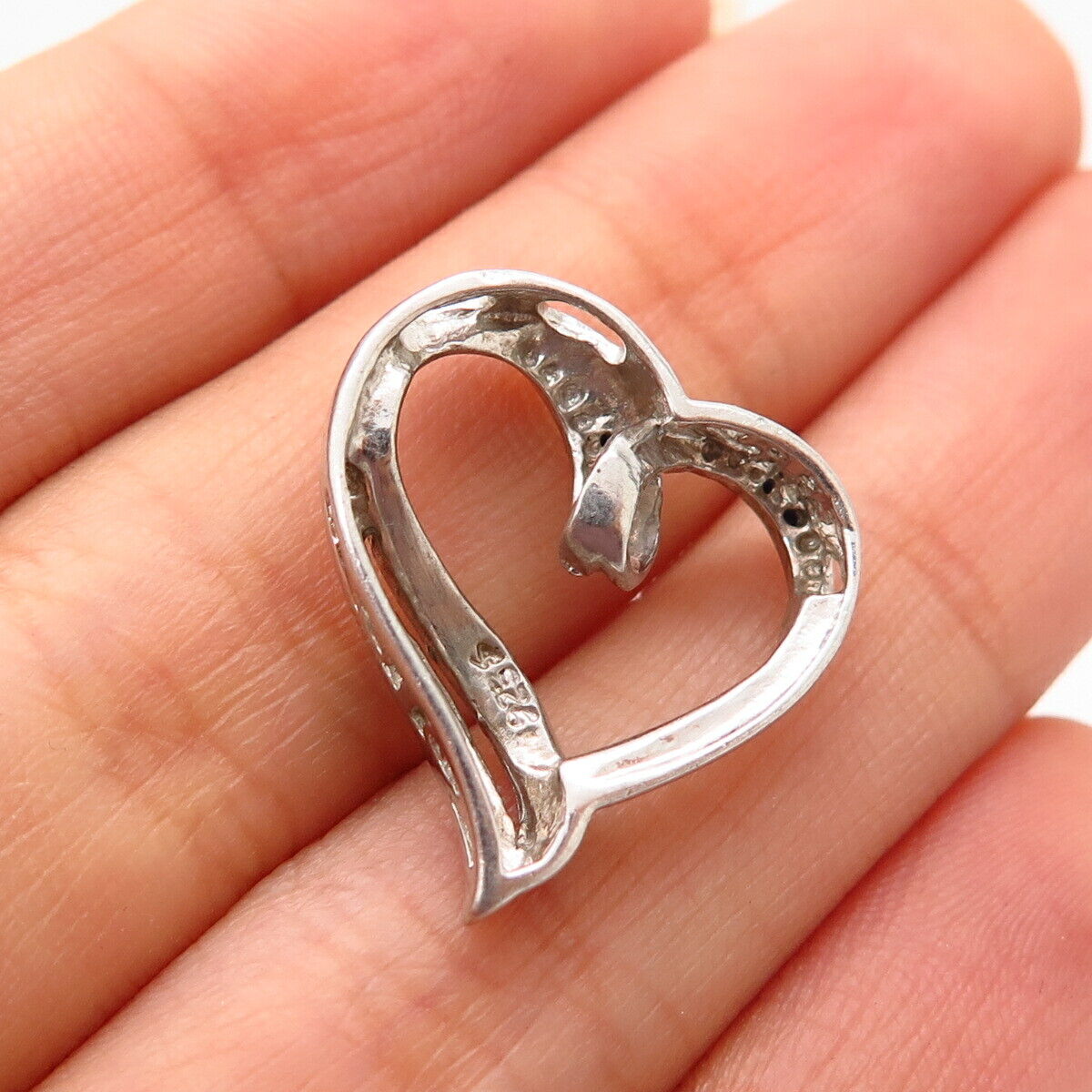 925 Sterling Silver Real White & Black Diamond Open Heart Slide Pendant