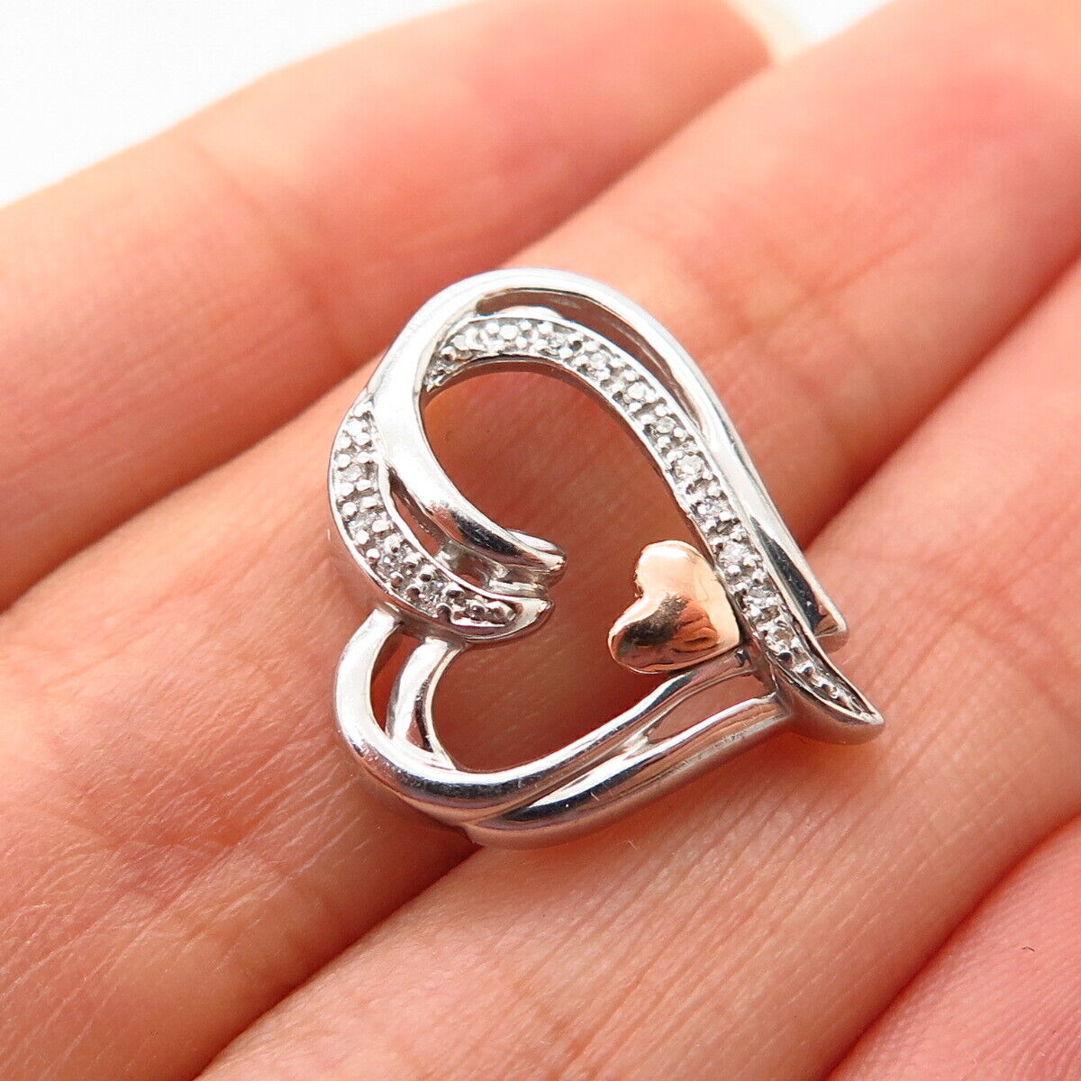 925 Sterling Silver / 14K Real Diamond Open Heart Slide Pendant