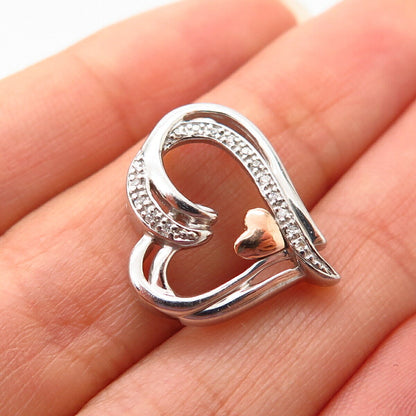 925 Sterling Silver / 14K Real Diamond Open Heart Slide Pendant