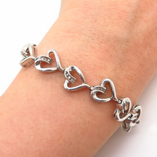 925 Sterling Silver Real Diamond Open Heart Link Bracelet 6 1/4"