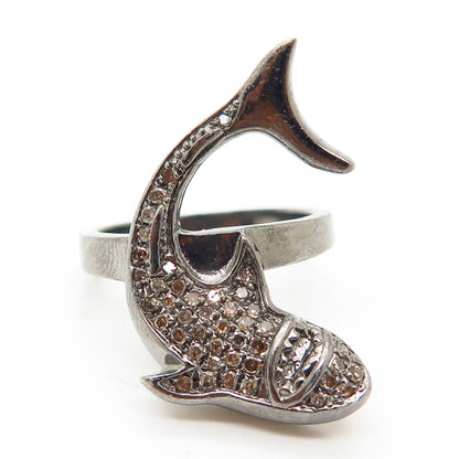 925 Sterling Rhodium Plated Real Diamond Hunting Shark Design Ring Size 7 1/4