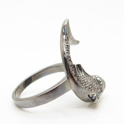 925 Sterling Rhodium Plated Real Diamond Hunting Shark Design Ring Size 7 1/4