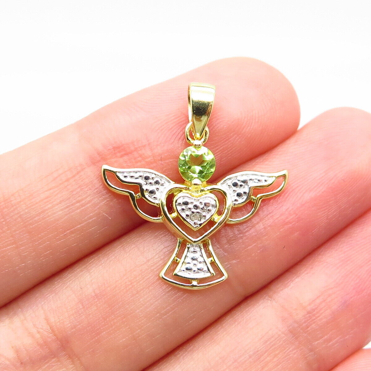 925 Sterling Silver Gold Plated Real White Diamond & Peridot Gem Angel Pendant