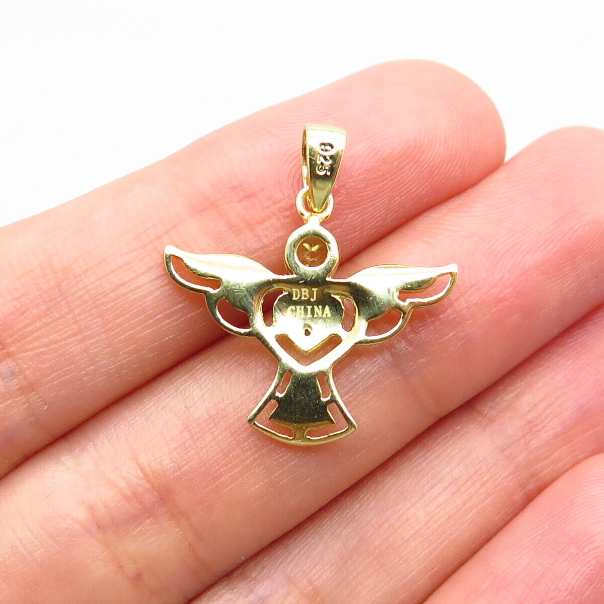 925 Sterling Silver Gold Plated Real White Diamond & Peridot Gem Angel Pendant