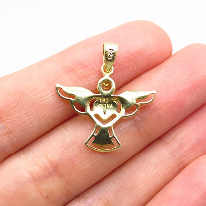 925 Sterling Silver Gold Plated Real White Diamond & Peridot Gem Angel Pendant