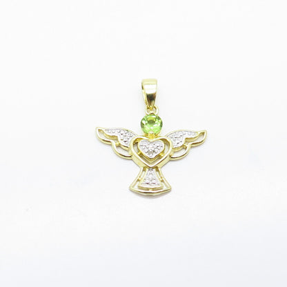 925 Sterling Silver Gold Plated Real White Diamond & Peridot Gem Angel Pendant