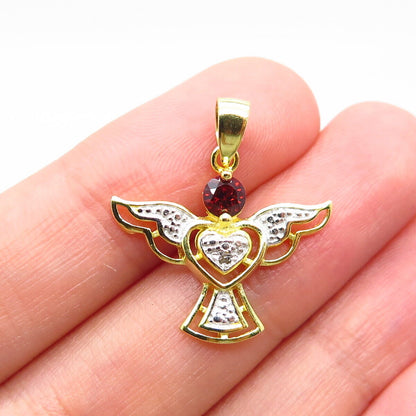 925 Sterling Silver Gold Plated Real White Diamond & Red Garnet Angel Pendant