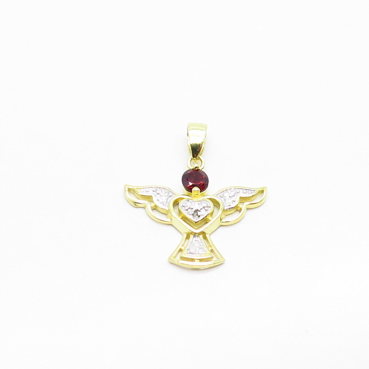 925 Sterling Silver Gold Plated Real White Diamond & Red Garnet Angel Pendant