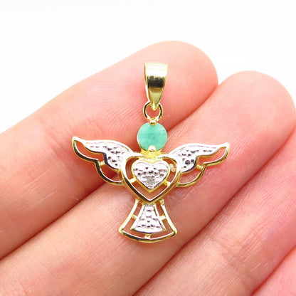 925 Sterling Silver Gold Plated Real White Diamond & Emerald Gem Angel Pendant