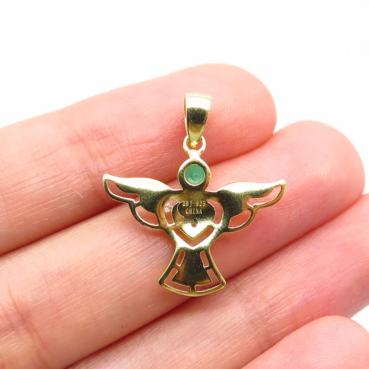 925 Sterling Silver Gold Plated Real White Diamond & Emerald Gem Angel Pendant