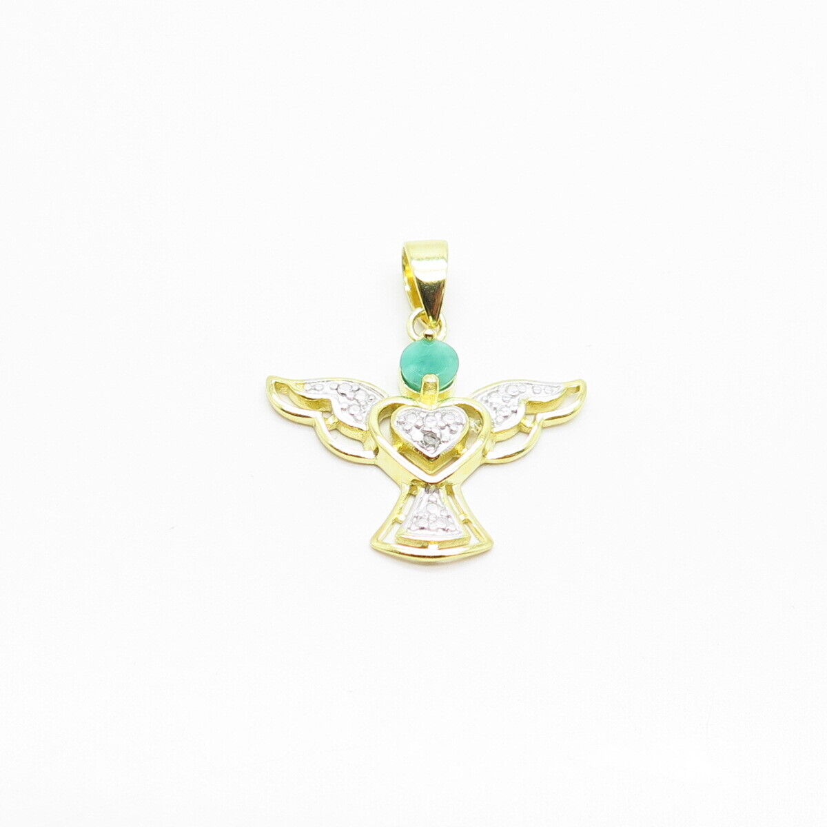 925 Sterling Silver Gold Plated Real White Diamond & Emerald Gem Angel Pendant