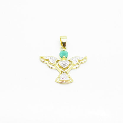 925 Sterling Silver Gold Plated Real White Diamond & Emerald Gem Angel Pendant