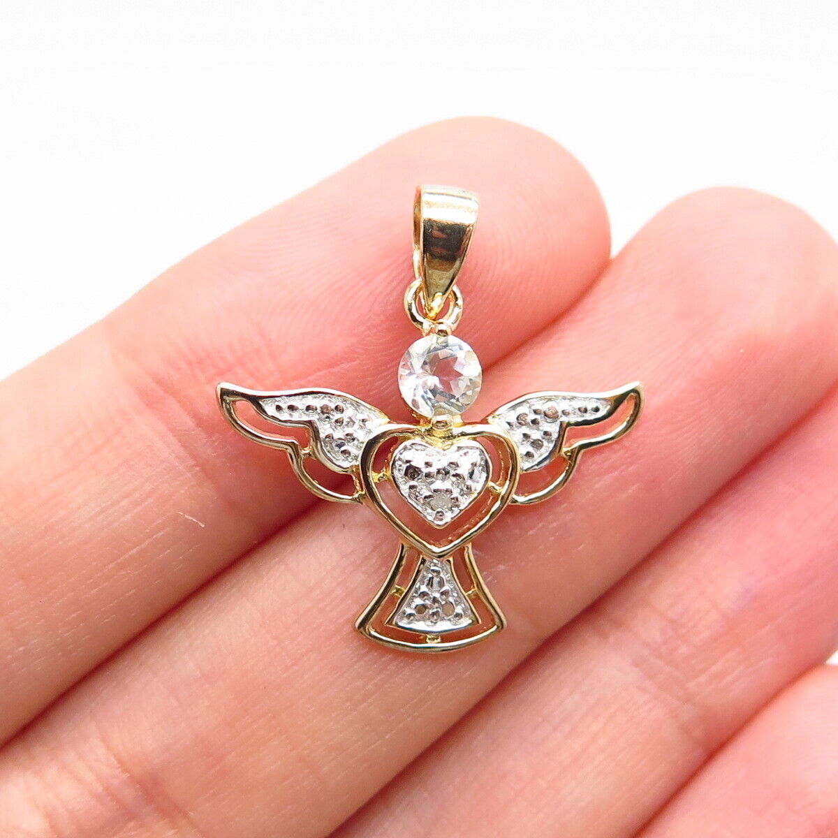 925 Sterling Silver Gold Plated Real White Diamond & White Topaz Angel Pendant