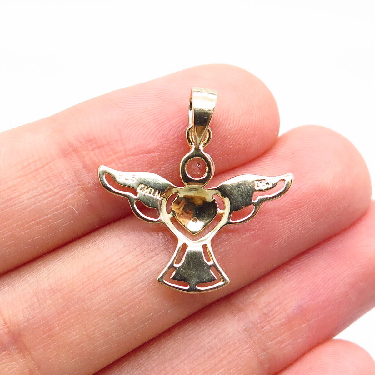 925 Sterling Silver Gold Plated Real White Diamond & White Topaz Angel Pendant