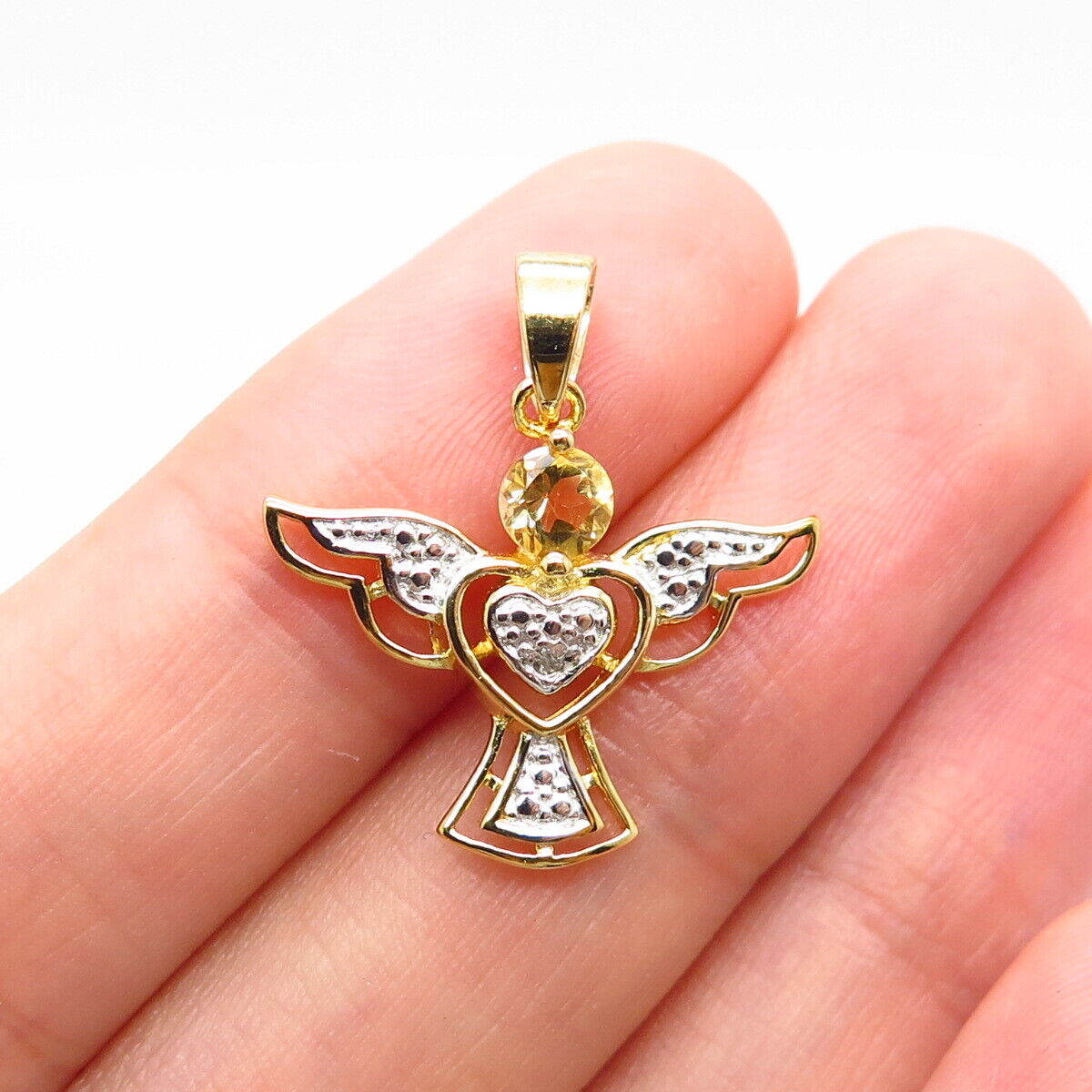 925 Sterling Silver Gold Plated Real White Diamond & Citrine Gem Angel Pendant