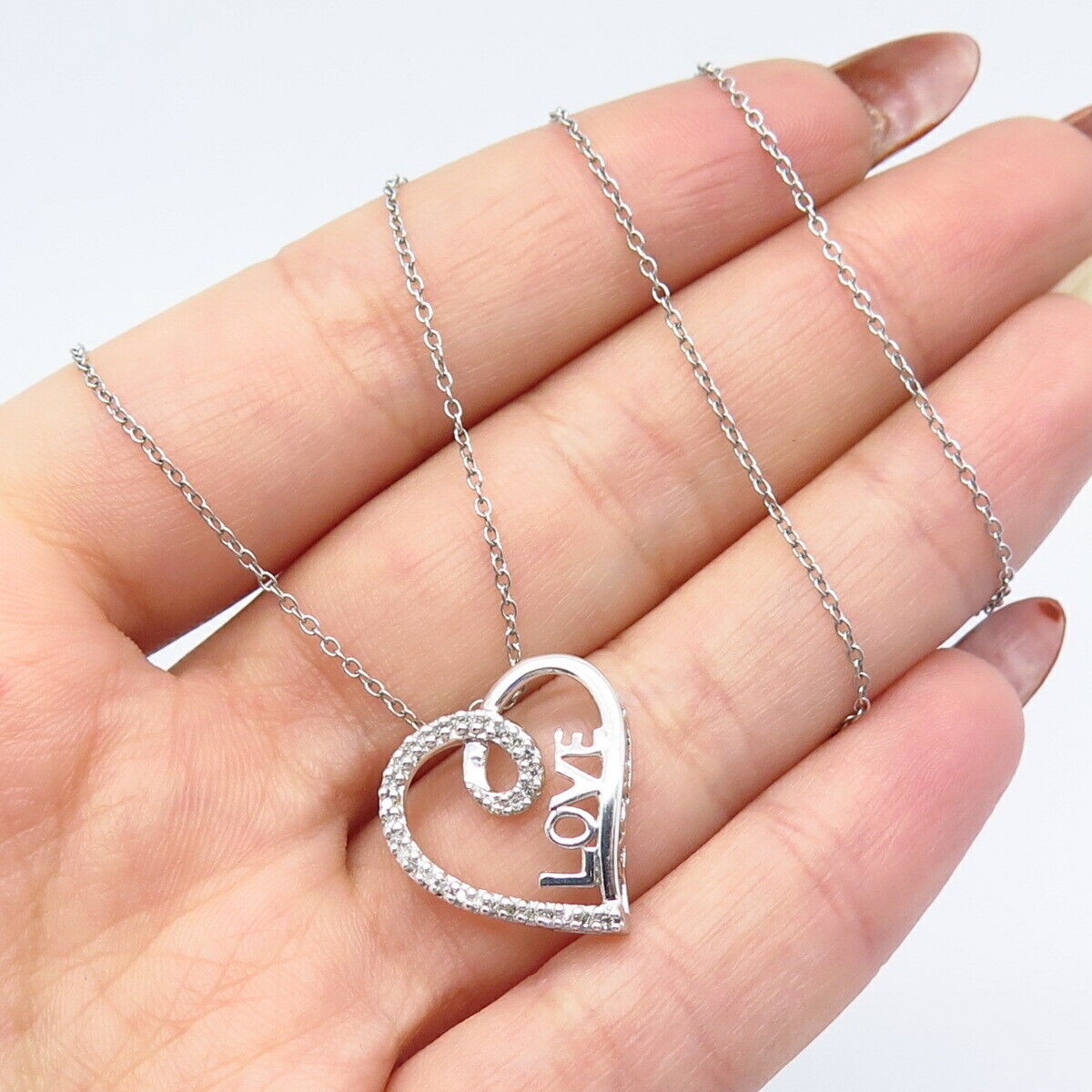 925 Sterling Silver Italy Real Diamond "Love" Heart Rolo Chain Necklace 18"