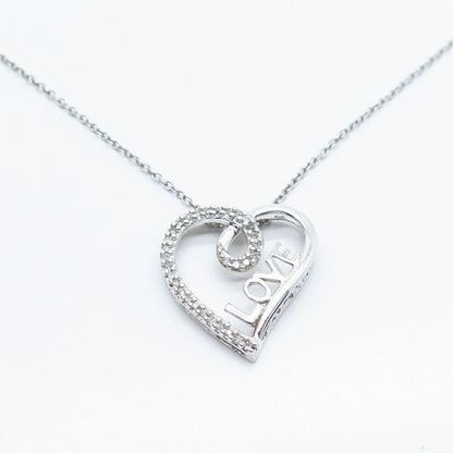 925 Sterling Silver Italy Real Diamond "Love" Heart Rolo Chain Necklace 18"