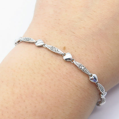 925 Sterling Silver Real White Diamond Bar & Heart Link Bracelet 7.75"