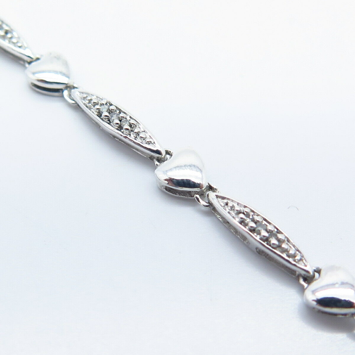 925 Sterling Silver Real White Diamond Bar & Heart Link Bracelet 7.75"