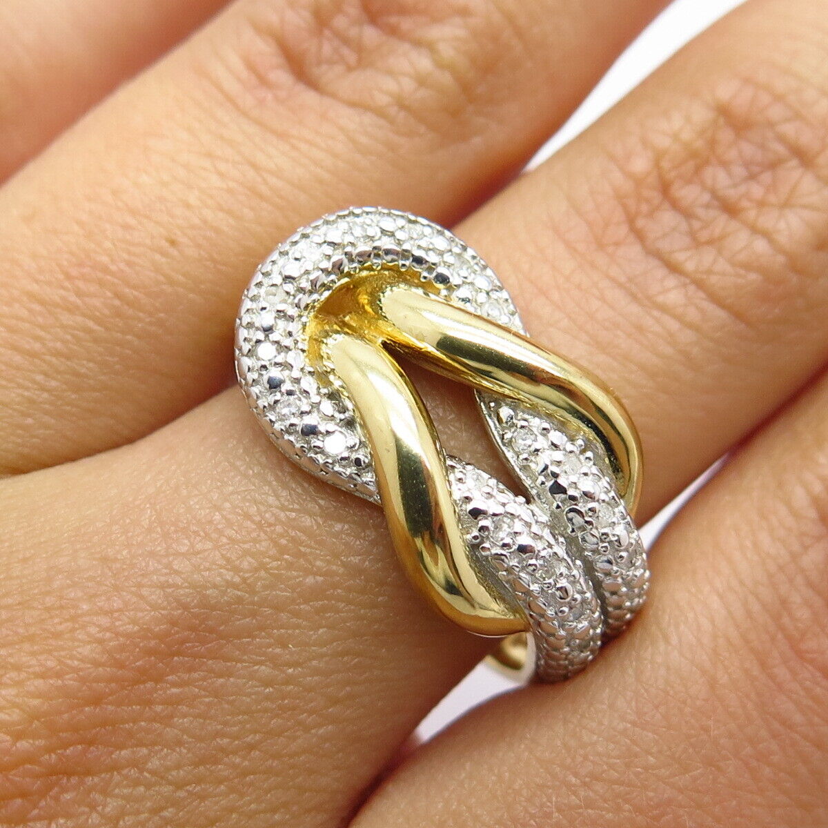 925 Sterling Silver Gold Plated Real White Diamond Love Knot Ring Size 10