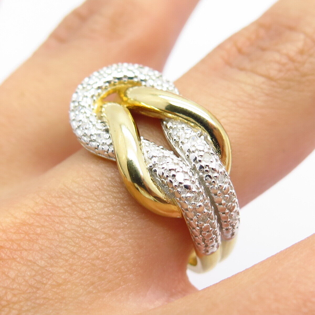 925 Sterling Silver Gold Plated Real White Diamond Love Knot Ring Size 10