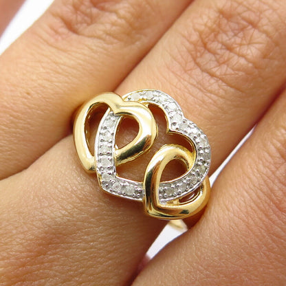 925 Sterling Silver Gold Plated Real White Diamond Triple Heart Ring Size 8