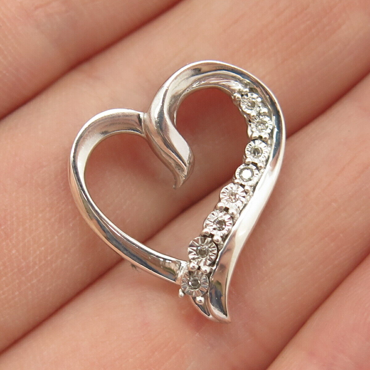 925 Sterling Silver Real Diamond Open Heart Slide Pendant