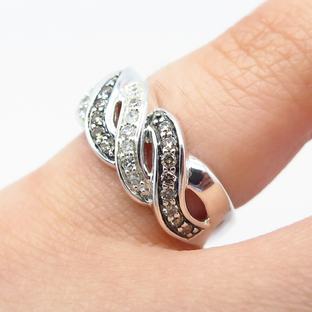 925 Sterling Silver Real White Diamond Braided Ring Size 5