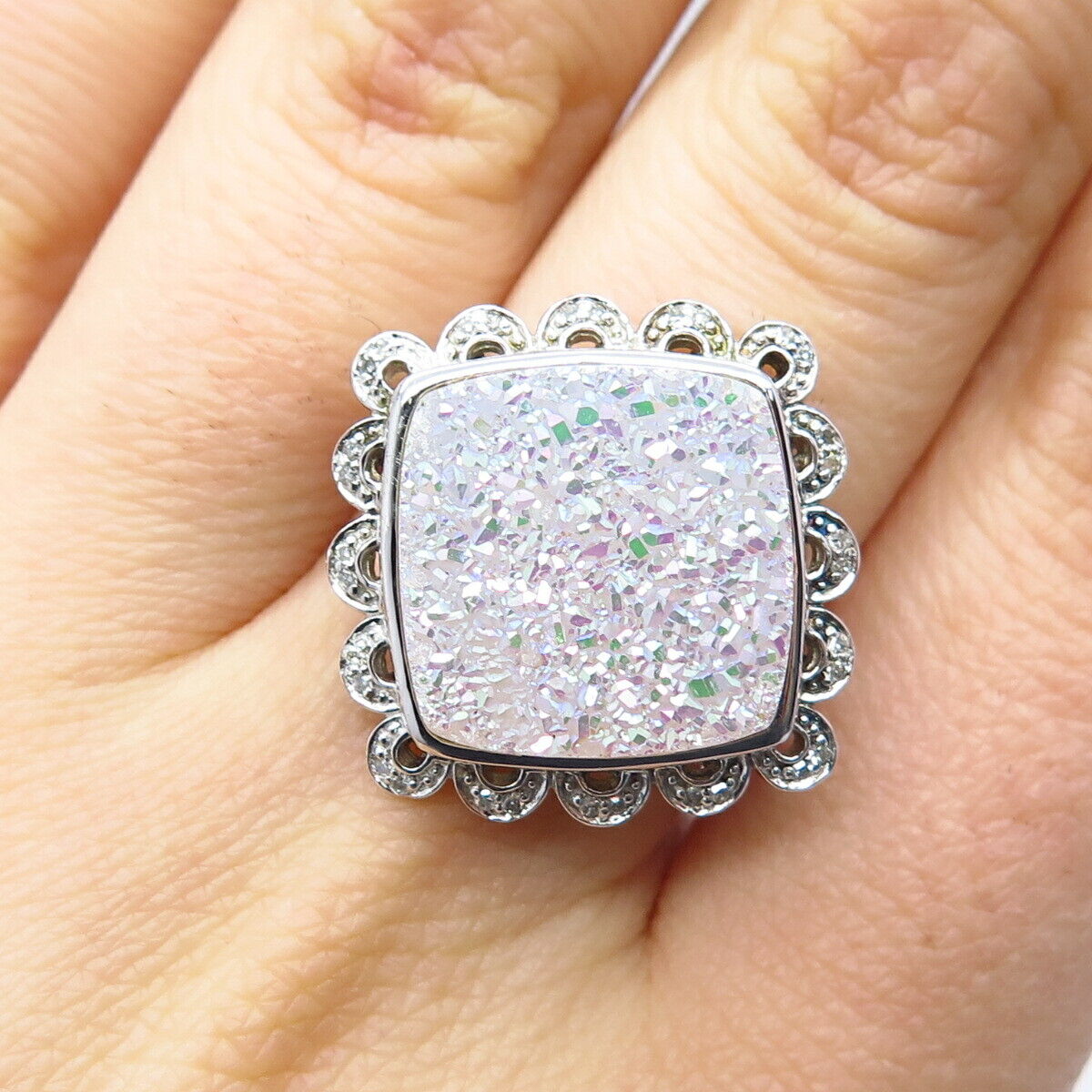 925 Sterling Silver Real Diamond & Druzy Wide Ring Size 7