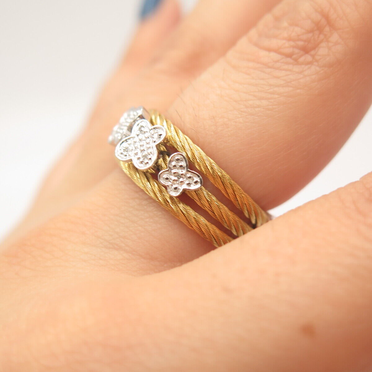 925 Sterling Silver & Gold Plated Steel Real Diamond Adjustable Ring