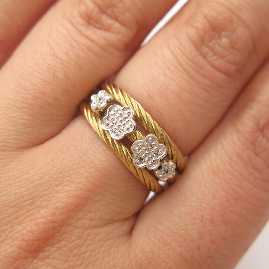 925 Sterling Silver & Gold Plated Steel Real Diamond Floral Adjustable Ring