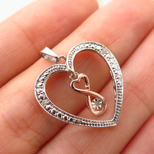 925 Sterling Silver 2-Tone Real Diamond Accent Infinity & Heart Design Pendant