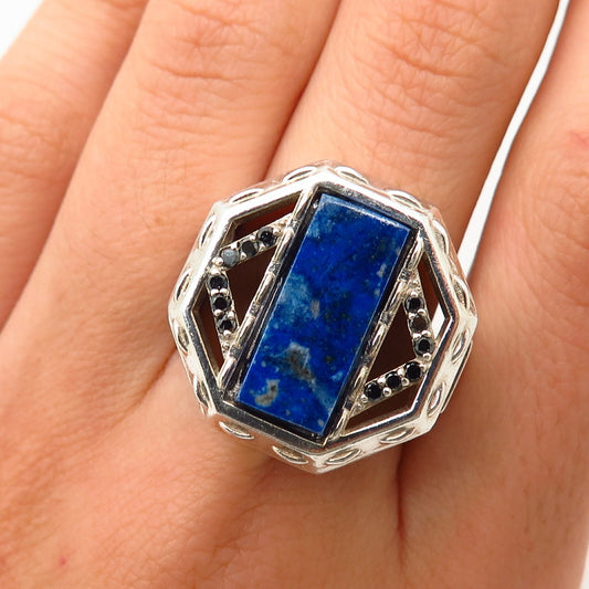 925 Sterling Silver Real Black Diamond & Lapis Lazuli Gem Signet Ring Size 9 1/4