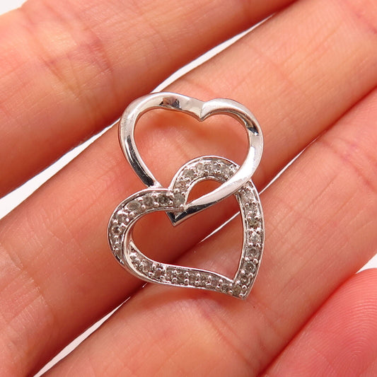 925 Sterling Silver Real Diamond Double Heart Design Slide Pendant