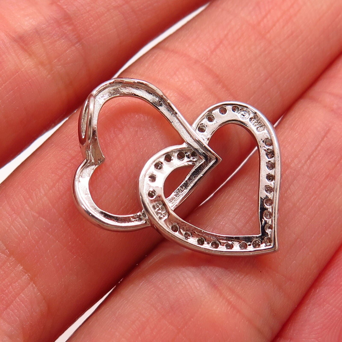 925 Sterling Silver Real Diamond Double Heart Design Slide Pendant