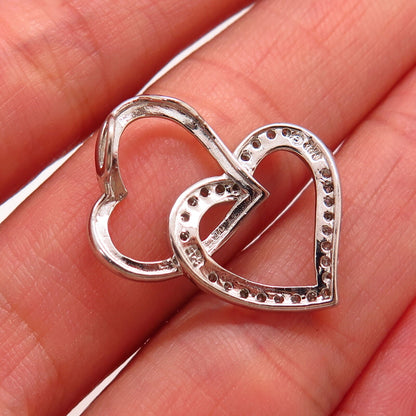 925 Sterling Silver Real Diamond Double Heart Design Slide Pendant