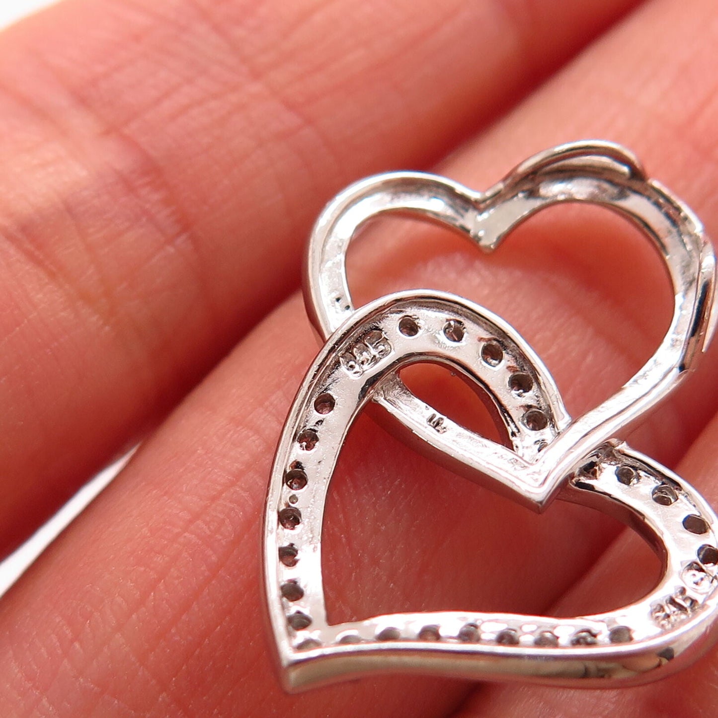 925 Sterling Silver Real Diamond Double Heart Design Slide Pendant