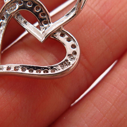 925 Sterling Silver Real Diamond Double Heart Design Slide Pendant