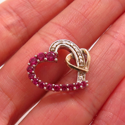 925 Sterling / 10K Real Diamond & Lab-Created Ruby Double Heart Slide Pendant