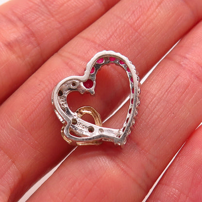 925 Sterling / 10K Real Diamond & Lab-Created Ruby Double Heart Slide Pendant