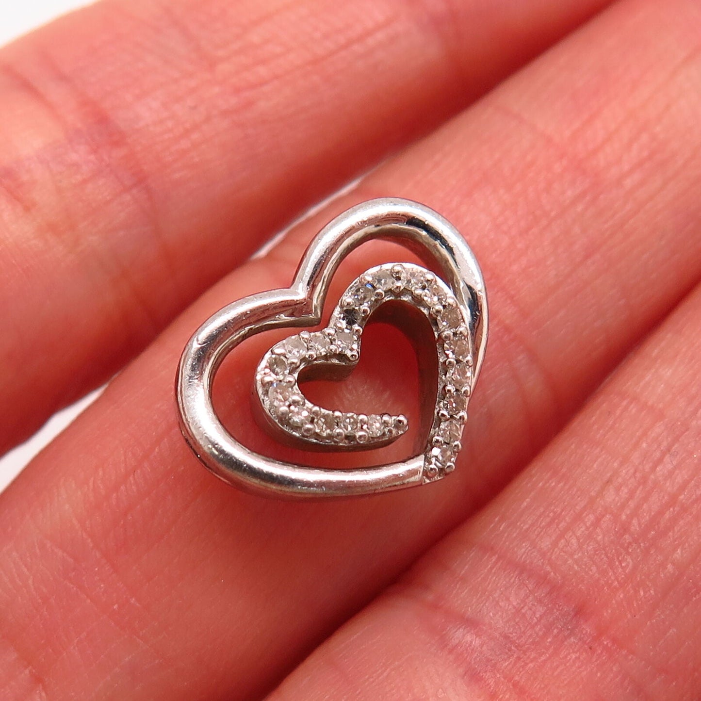 925 Sterling Silver Real Diamond Double Heart Design Slide Pendant