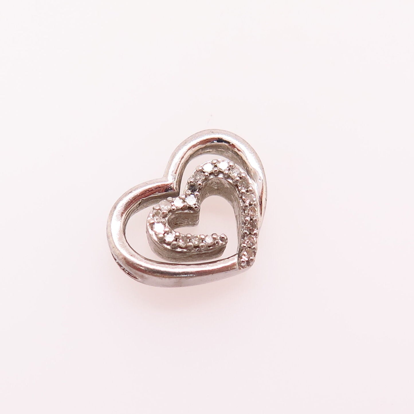 925 Sterling Silver Real Diamond Double Heart Design Slide Pendant