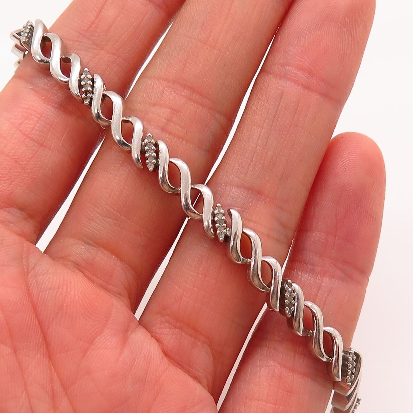 925 Sterling Silver Real Diamond Braided Design Link Bracelet 7 1/4”