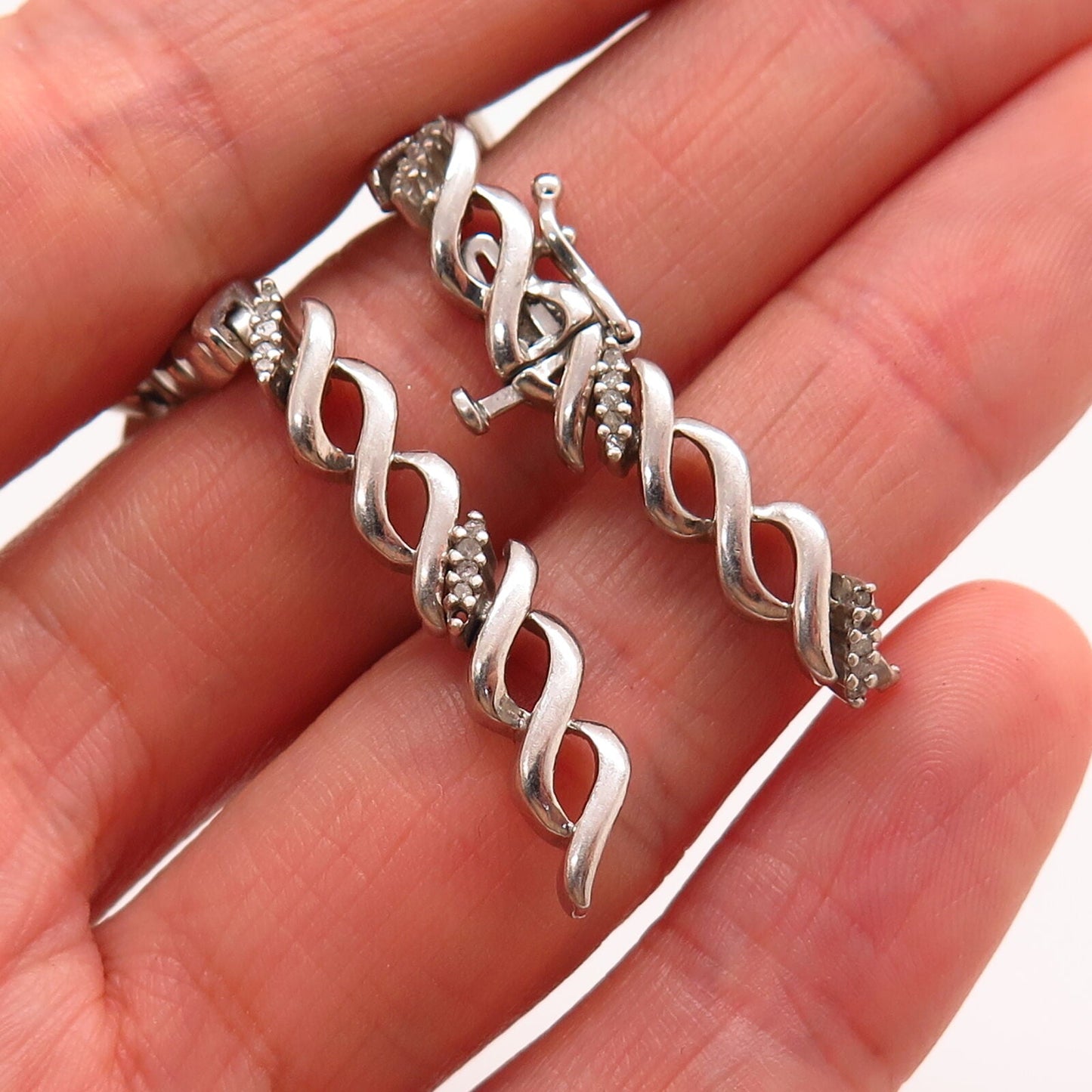 925 Sterling Silver Real Diamond Braided Design Link Bracelet 7 1/4”