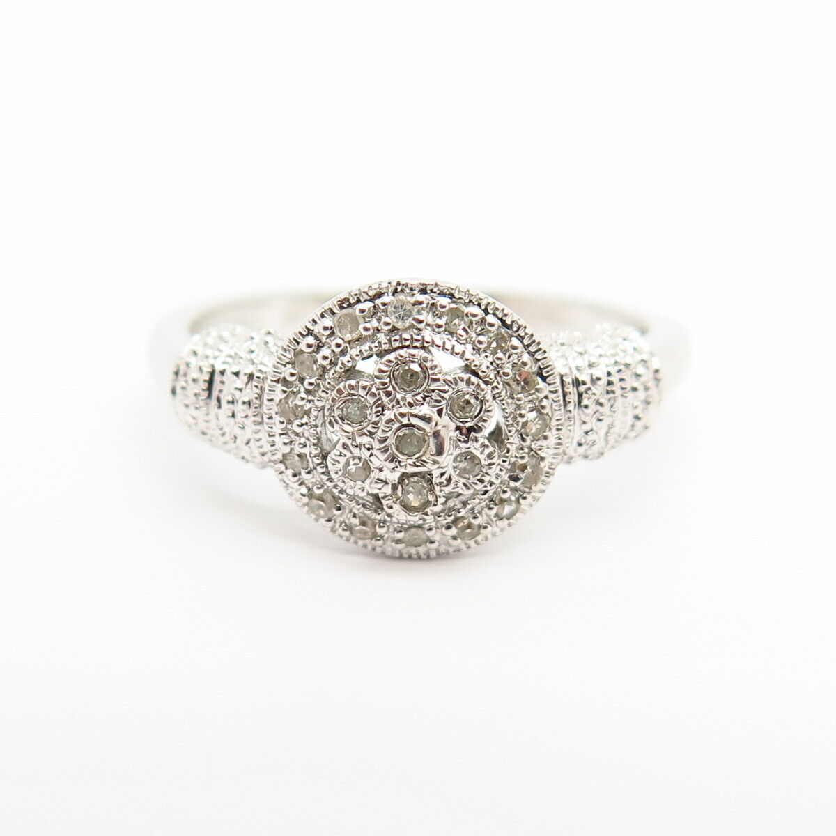 925 Sterling Silver Real Diamond Floral Design Ring Size 7