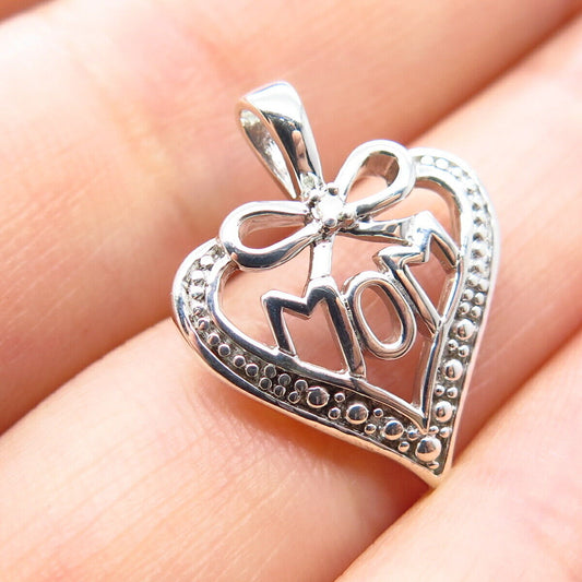 925 Sterling Silver Real Diamond "Mom" Love Heart Pendant