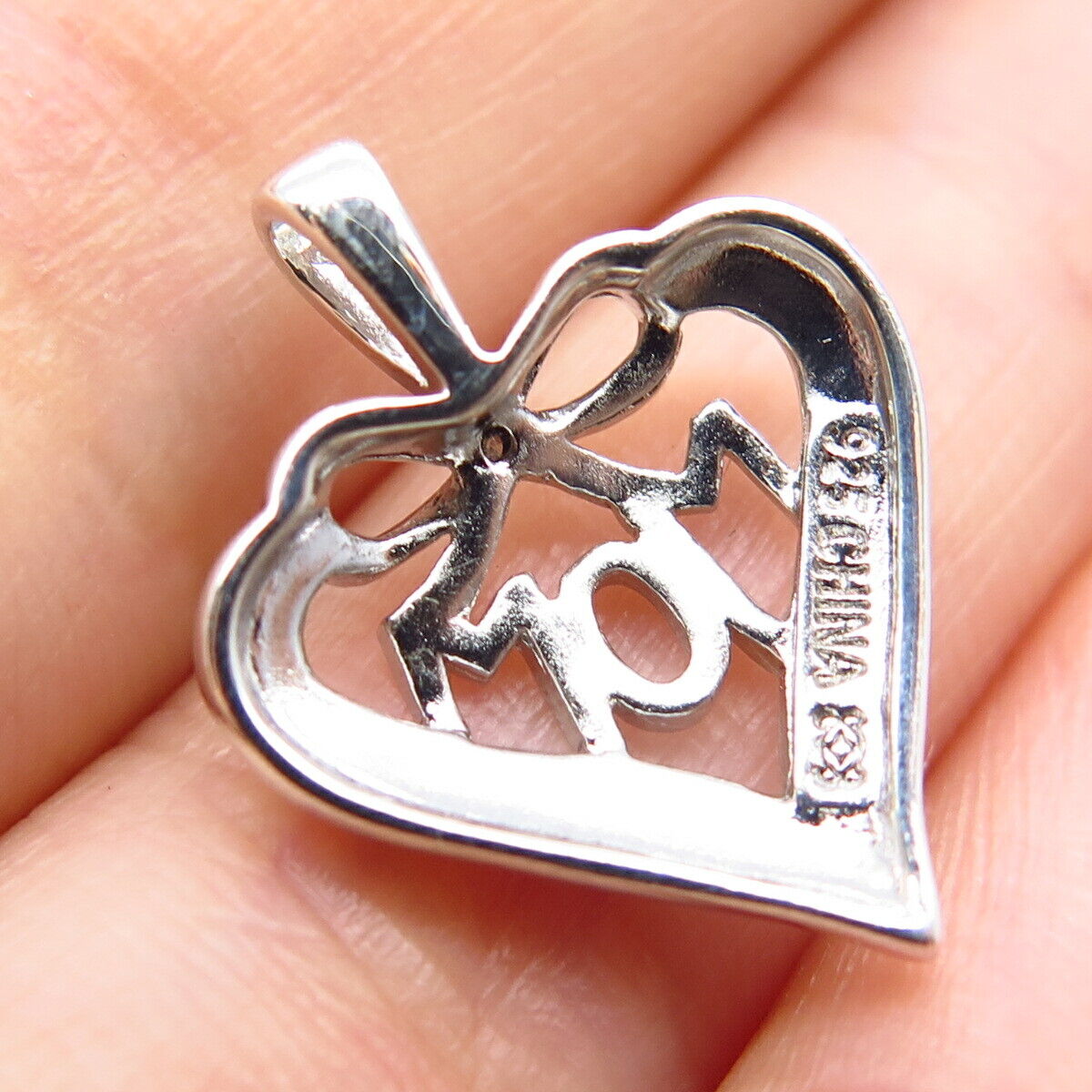 925 Sterling Silver Real Diamond "Mom" Love Heart Pendant