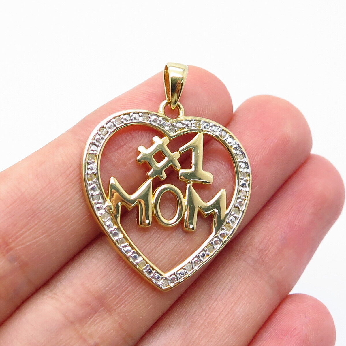 925 Sterling Silver Gold Plated Real White Diamond "#1 MOM" Open Heart Pendant