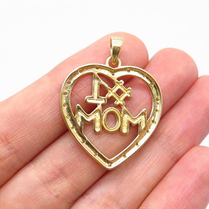 925 Sterling Silver Gold Plated Real White Diamond "#1 MOM" Open Heart Pendant